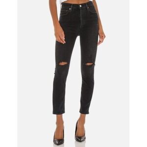 Agolde Nico High Rise Slim Jeans Cassette Womens Black 29 Button Fly Distressed